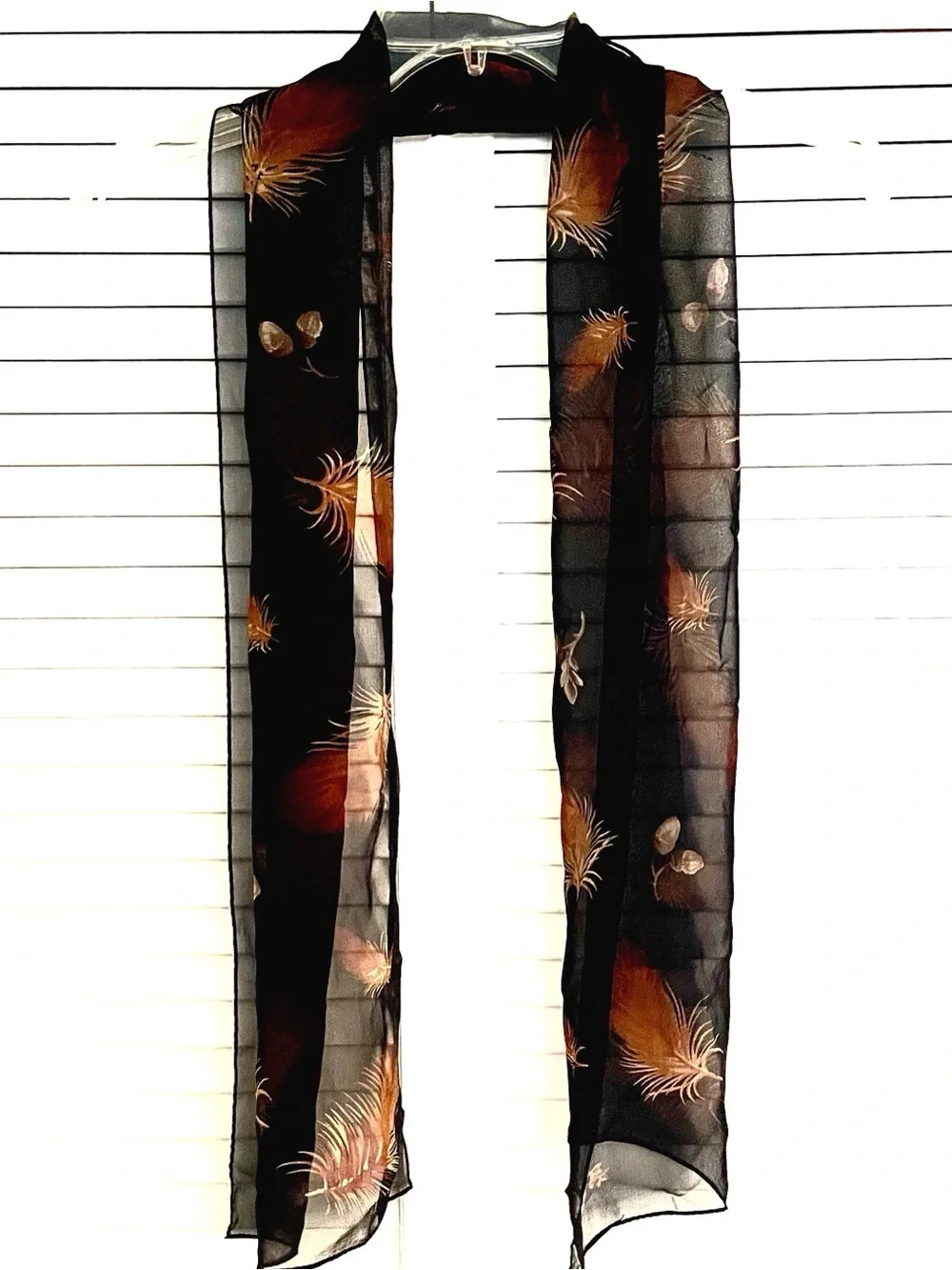 Echo! Black Scarf with Orange and Gold Feather Motif!